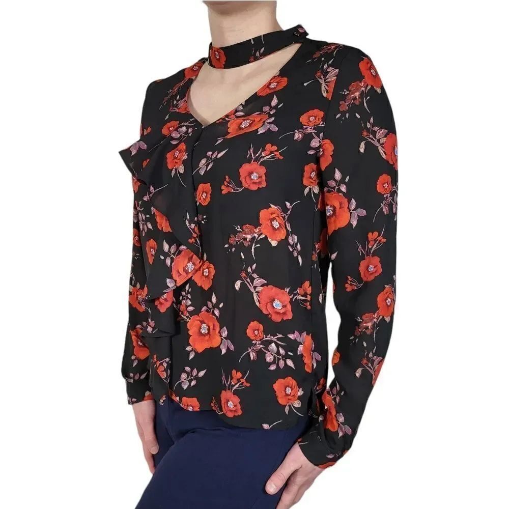 Lipslide Black Floral Neck Choker Long Sleeve Top